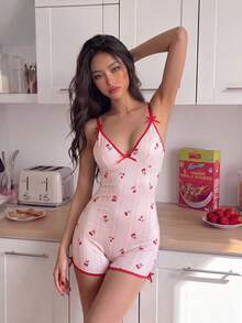 ZzzCrew Hot Girl Pink V-Neck Spaghetti Strap Fitted Cherry Print Pajama Jumpsuit - Baby Pink - View 4