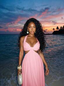 Slaydiva Vacation Beach Solid Color Backless Halter Neck Dress - Pink - View 7