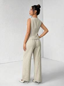 SHEIN PETITE 女款素色圓領單排扣背心與長褲優雅休閒通勤套裝，夏秋辦公商務穿著兩件式套裝，米色 - 灰色 - 查看 2