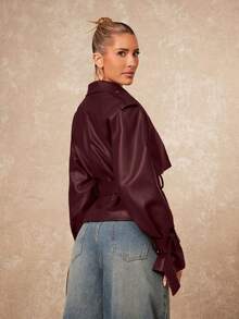 Lumalex Women's Solid Color Lapel NeckRaglan Sleeve Casual Trench Coat Jacket - Burgundy - View 2