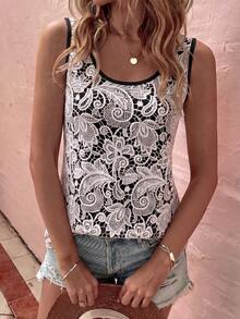 Women's Spring/Summer New Hot-Selling Faux Lace Print Pattern U-Neck Casual Versatile Tank Top - Multicolor - View 6