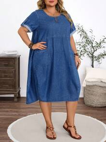 EMERY ROSE Plus Size Women's Summer Pocket Denim Dress - Dark Wash - View 5