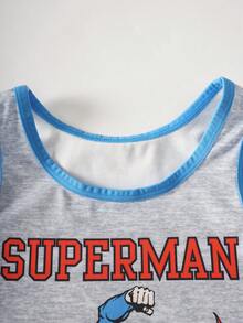SUPERMAN X SHEIN 男童夏季圖案無袖上衣+短褲套裝，幼兒居家與戶外穿著 - 藍色 - 查看 4
