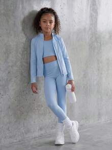 SHEIN 少女時尚休閒藍色三件套，時尚舒適高彈性，適合運動、健身、戶外活動、購物等 - 藍色 - 查看 3