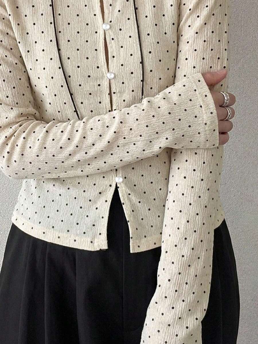 FRIFUL 女款圓點休閒百搭日常外出長袖上衣 - 黑色 - 查看 1