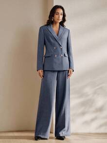 Anewsta Women's New Urban Chic Solid Color Professional Commute Versatile Lapel Long Sleeve Blazer+High Waist Drape Straight Leg Pants Suit Set - Blue - View 6