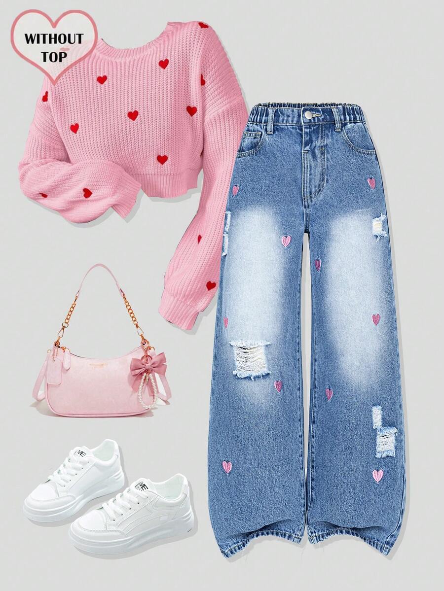 SHEIN Genkimix Kids 2025秋冬少女时尚爱心刺绣毛衣和破洞阔腿牛仔裤套装 - 中等水洗藍 - 查看 1
