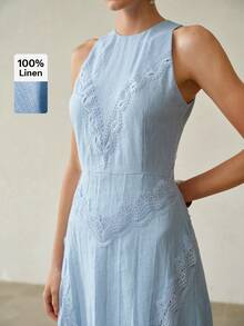 MOTF PREMIUM SPRING/SUMMER LINEN LACE PATCHWORK ELEGANT DRESS - Blue - View 2