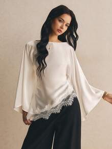 Poéselle Áo blouse nữ thanh lịch đi làm màu trơn tay chuông phối ren vạt bất đối xứng - trắng - Xem 8