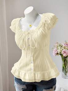 Sweetra Cute Pastoral Casual Puff Sleeve Waist-Cinched Button-Down Short Sleeve Summer Shirt - Apricot - View 3