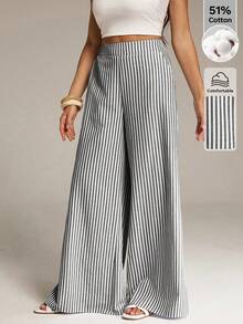 Pantalones rectos de cintura alta cómodos a rayas para mujer alta, primavera/verano - En blanco y negro - Ver 4