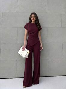 Firerie Women's Casual Elegant Plaid Asymmetric Hem Shirt And Wide Leg Pants 2pcs Set, Suitable For Commuting Dinner Office, Fashion Business Wear Burgundy - Burgundy - View 7