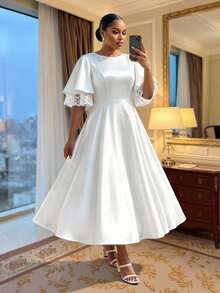 SHEIN Lady CURVE Plus Size Solid Color Round Neck Lace Patchwork Elegant Long Summer Dress Bridal Wedding Guest Formal Cocktail White Evening Party Wedding - White - View 5