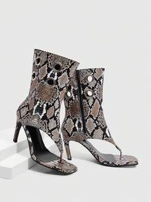 CUCCOO SZL Knee High Stiletto Boots With Side Zipper And Metal Grommet Detailing Open Toe Design For Christmas - Snakeskin - View 1