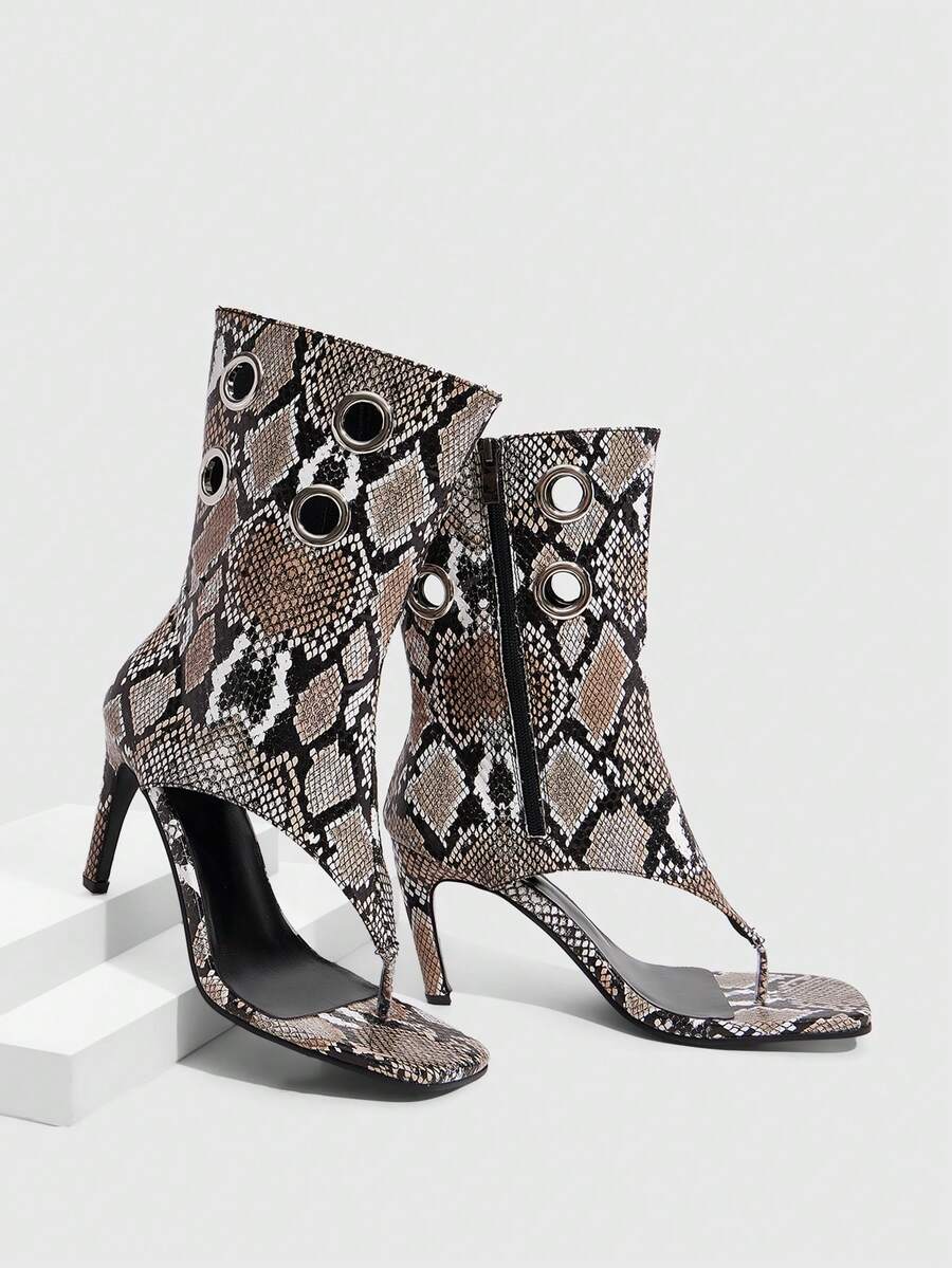 CUCCOO SZL Knee High Stiletto Boots With Side Zipper And Metal Grommet Detailing Open Toe Design For Christmas - Snakeskin - View 1