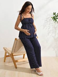 SHEIN Setelan Hamil 2 Potong: Atasan Tank Top Motif Polkadot dengan Tali Ikat dan Celana Panjang Longgar dengan Pinggang yang Dapat Diatur - Navy Blue - View 4