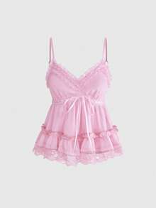 ROMWE Kawaii Cute Sexy Mesh Lace Pendant Ruffle A-Line Women's Cami Tank Top - Pink - View 1