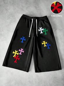 男士街頭風熱銷 INS 風格 TK Pavtros 品牌多色毛巾刺繡十字黑色喇叭運動長褲，日常穿著，情人節禮物，居家遊戲，戶外音樂節，日常出遊，街頭玩樂，朋友聚會，兒童禮物，男朋友/丈夫禮物，週年紀念禮物 - 黑色 - 查看 3