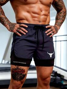 Gym Rark Quần short thể thao nam mùa hè in chữ 2 trong 1, tập gym và hoạt động ngoài trời - Màu xanh hải quân - Xem 3