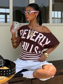Muchica Women's Summer Casual Street Wear Y2k Brown And Pink Patchwork Letter Print Asymmetric Neck T-Shirt Tops World Cup Going Out Night Out City Break - Coffee Brown - View 5
