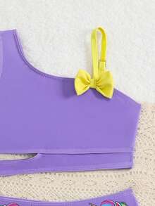 SHEIN Young Girl Beach Vacation Unicorn Print Bow Decor Swimsuit Set - Purple - View 5
