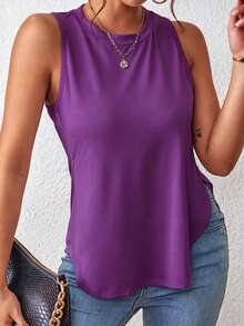 SHEIN LUNE Camiseta de tirantes casual y versátil para mujer de unicolor con cuello redondo y abertura lateral en el bajo - Morado - Ver 3