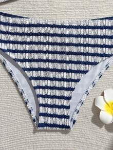 SHEIN Teen Girl Striped Metal Buckle Tank Top And Triangle Bikini Bottom Swimsuit Set For Vacation Beach - Navy Blue - View 6