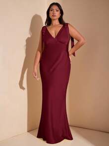 SHEIN BAE 大尺碼女款黃色緞面優雅長款魚尾禮服，派對、雞尾酒會洋裝 - 酒紅色 - 查看 6