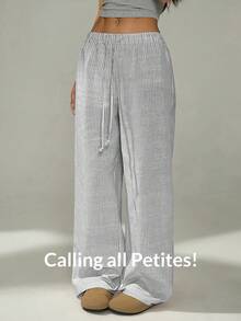 SHEIN Tall CURVE Pantalon long ample et polyvalent à jambes larges avec taille à cordon de serrage et rayures pour femmes grandes tailles - Bleu marine - Voir 7