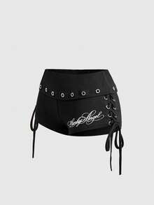 ROMWE Grunge Punk Summer Punk Metal Eyelet Slogan Print Fold-Over Waist Tie-Up Design Tight Super Low-Rise Mini Shorts - Black - View 5