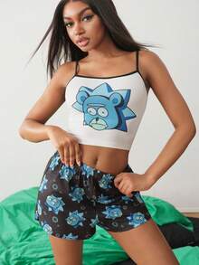 Rick and Morty X SHEIN Women's Cartoon Print Camisole Tank Top And Shorts Pajama Set,Teddy Rick - Black and White - View 6