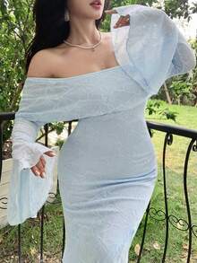 Modelyn Robe de soirée élégante et sophistiquée style dame, bandeau tube, tricot jacquard, manches évasées, coupe slim, robe grande taille pour femmes - Bleu azur - Voir 2