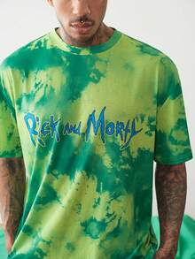 Rick and Morty X SHEIN 男士卡通動漫印花圓領短袖T恤與口袋短褲居家休閒套裝 - 綠色 - 查看 6