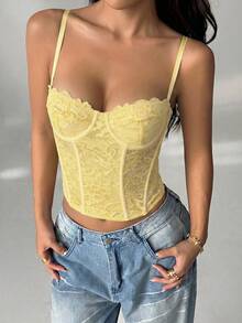 SHEIN PETITE 蕾絲透視束腰上衣 淡黃色 夏季 70年代風 舞廳夜店 派對迪斯可 無肩帶細肩帶上衣 可愛內衣式上衣 約會 通勤 小碼女款 - 鵝黃色 - 查看 3