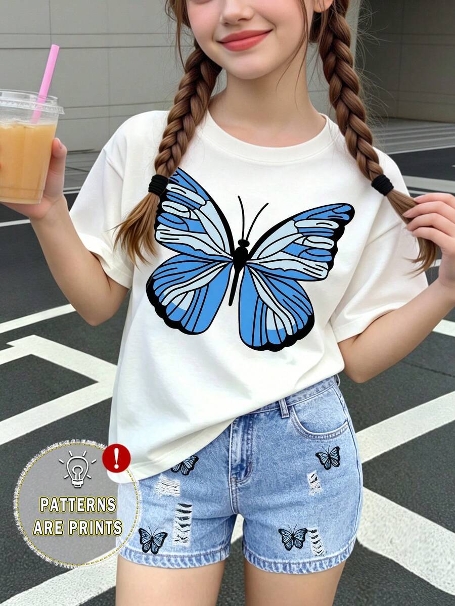 女童春夏秋裝創意個性化藍色蝴蝶字母標語印花休閒基本款短T恤與藍色單車褲套裝 - 彩色 - 查看 1