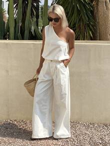 DAZY Women's Casual Solid Color Sleeveless Top And Jeans Pants Set, Spring/Summer - White - View 6