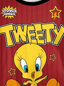 LOONEY TUNES X SHEIN 大码夏季休闲条纹卡通图案圆领短袖T恤 - 白色 - 查看 6