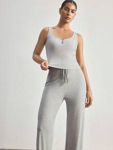 Ocili Comfortable Minimalist Sleeveless Pants Shell Button Pajama Set, Baby Pink Women Loungewear - Grey - View 5
