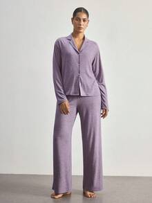 Ocili Soft Floral Print Pajama Set With Collar, Long Sleeve Top And Pants For Women - Purple - View 3