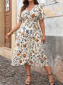 Ceyna Plus Allover Print Belted Wrap Dress, For Christmas Maxi Women Outfit Beach Vacation White Summer Boho - Apricot - View 5