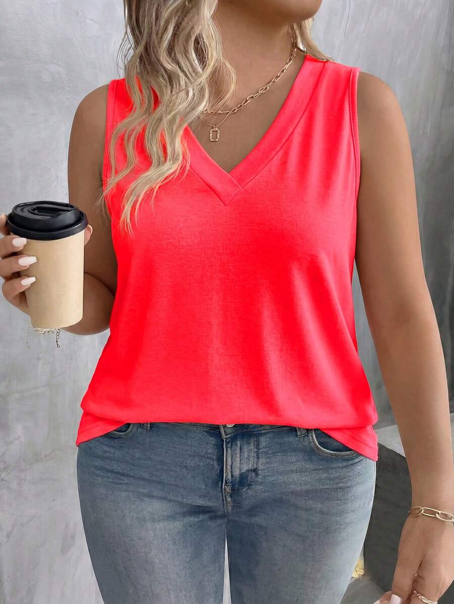 EMERY ROSE Women's Spring/Summer New Hot-Selling Layered Collar V-Neck Casual Versatile Plus Size Tank Top - Red - View 1