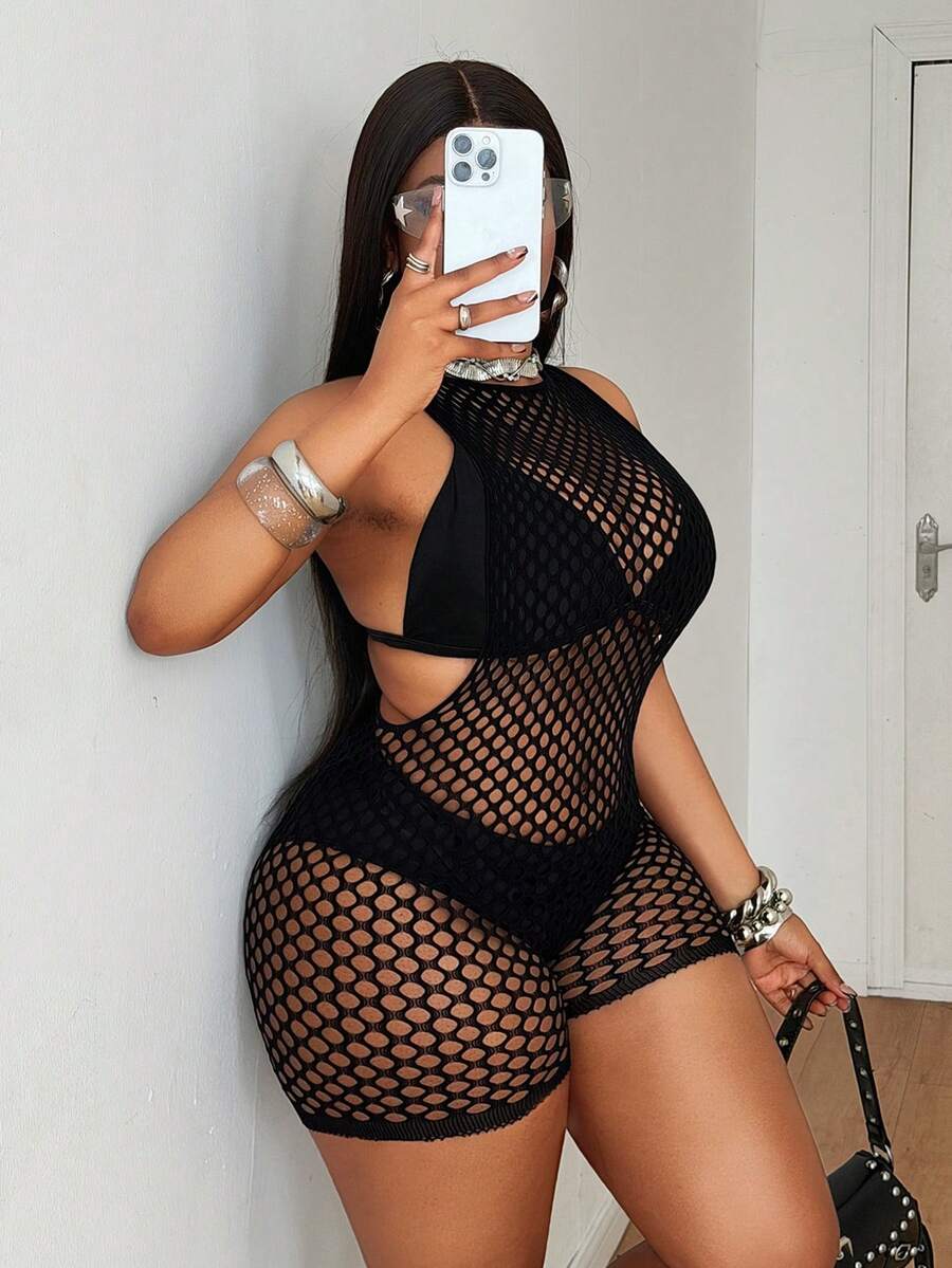 Maweii Women's Plus Size Hollow Design Sleeveless Sexy Romper Halloween Date Night Girls Night Black Summer - Black - View 1