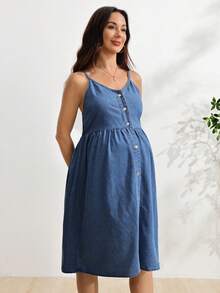 SHEIN Maternity Single-Breasted Casual Spaghetti Strap Denim Dress Autumn Navy Blue Fall Baby Shower Maternity Shoot - Dark Wash - View 8