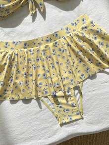 SHEIN Swim 黃色碎花掛脖綁帶比基尼，附荷葉邊裙褲下裝，2件式泳衣，適合泳池派對、海灘、夏季熱帶可愛風 - 彩色 - 查看 8