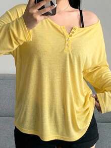 Dazy Plus Solid Color Large Scoop Neck Half-Open Placket Long Sleeve T-Shirt Spring Summer - Yellow - View 3