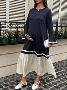DAZY Color Block Patchwork Small Round Neck Casual Loose Short Sleeve Long Maternity Dress For Girls, Spring/Summer - Navy Blue - View 3