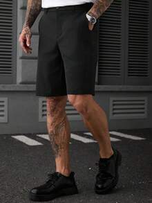 SLATEMANN Men's Solid Color Pocket Straight Leg Loose CasualBermuda Shorts - Black - View 4