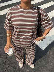 Muchica 2pcs/Set Women's Loose Striped Crew Neck Dropped Shoulder Short Sleeve T-Shirt And Elastic Waist Striped Pants, Winter Sweater Set, Autumn/Winter Casual Set, New Year Outfit, Christmas Pajamas, Brown, Short Sleeve 2pcs/Set, Women's Comfortable Spring 2pcs/Set, Preppy Print Pattern, Women's Outing Outfit, Women's Summer Outfit - Multicolor - View 5