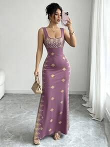 SHEIN Raffinéa 女款亮紫色與金色夏季新款洋裝，方領抹胸露背開衩修身高腰顯瘦裙，適合派對晚餐 - 紫色 - 查看 6