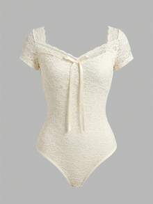 Franclia Women's Floral Lace Bow Decor Short Sleeve Fashion Bodysuit - Apricot - View 3